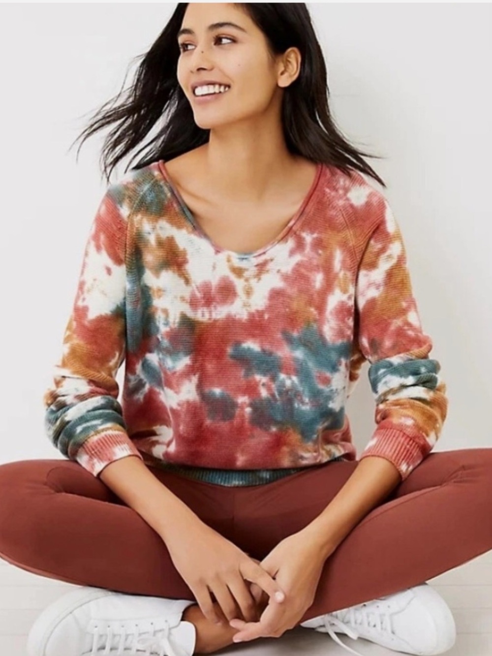 Lou & Grey Tie-Dye Waffle V-Neck Sweater - Coral, Teal, Tan, Cream size S